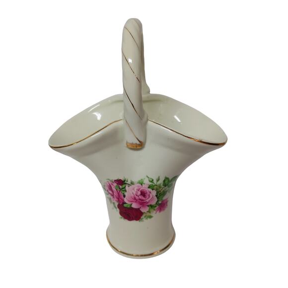 Formalities Style Ceramic Basket Vase Red Pink Rose Handle Gold Accent Decor VTG - Picture 1 of 15